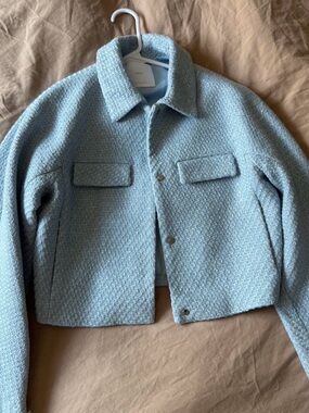 Mango Light Blue Textured Cropped Blazer Jacket